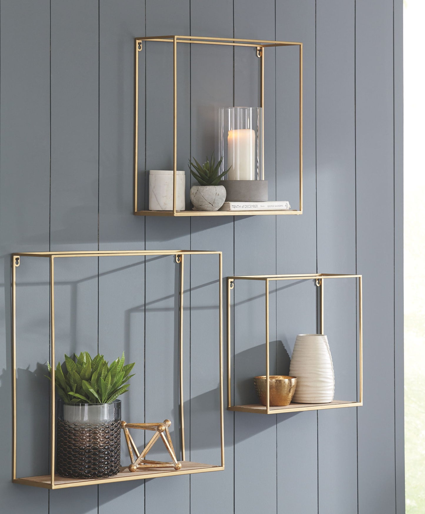 Efharis - Wall Shelf Set (Set of 3) - Natural / Gold Finish