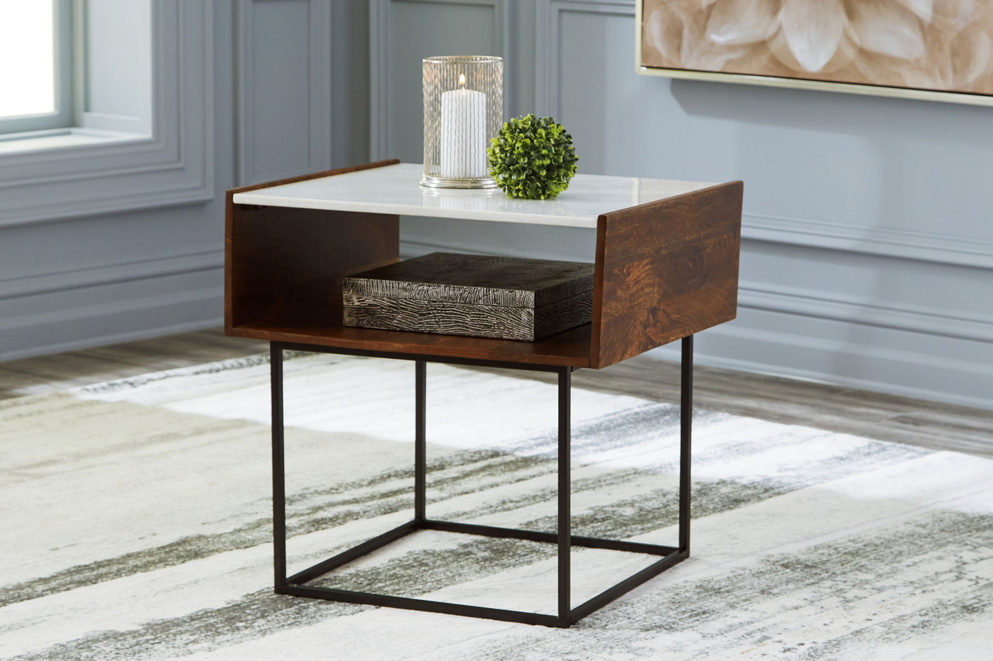 Rusitori - Rectangular End Table - Brown / Beige / White