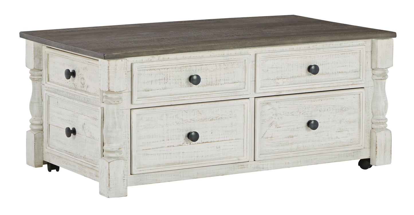 Havalance - Lift Top Cocktail Table with Storage Drawers - White / Gray