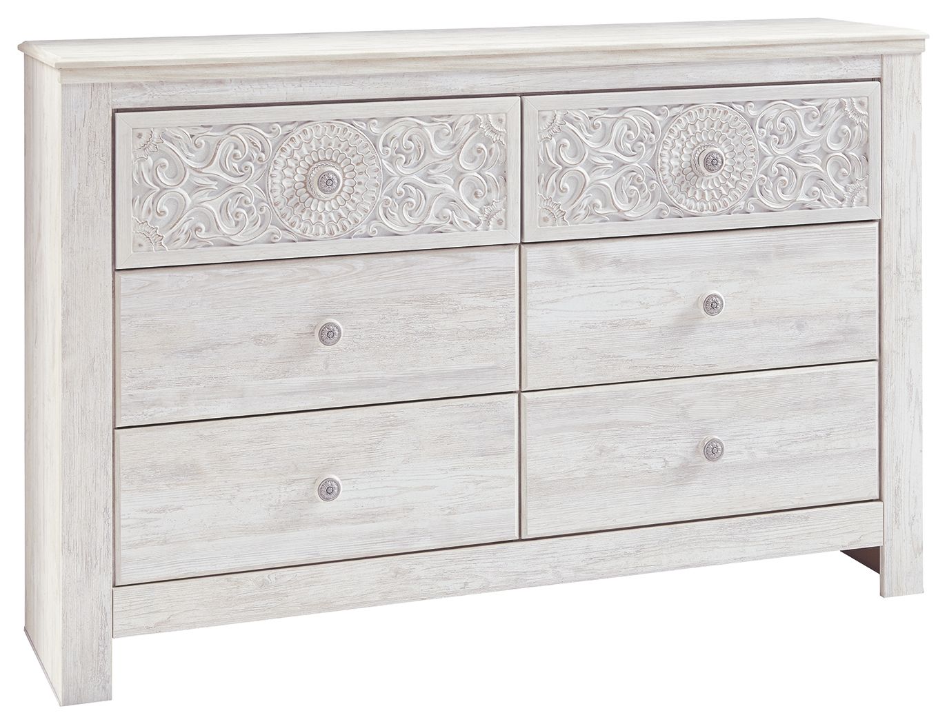 Paxberry - Six Drawer Dresser - Medallion Drawer Pulls - Whitewash