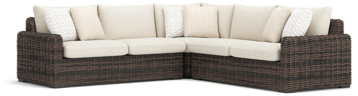 Kimora 3-piece outdoor sectional in beige and dark brown by Ashley Furniture