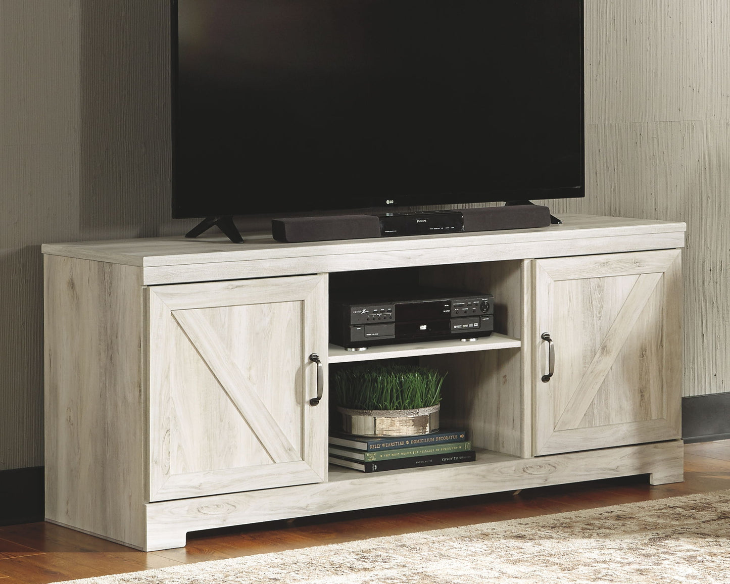Bellaby - Entertainment Center - TV Stand With Faux Firebrick Fireplace Insert - Whitewash