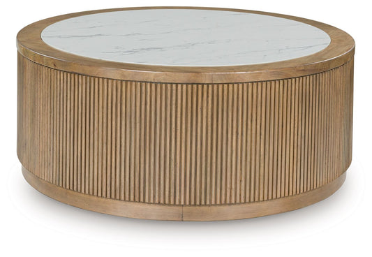 Camdill - Round Cocktail Table - Light Brown / White