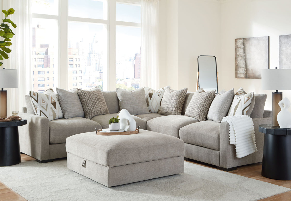 Aslan Court 5-piece sectional with ottoman in pebble by Ashley Furniture