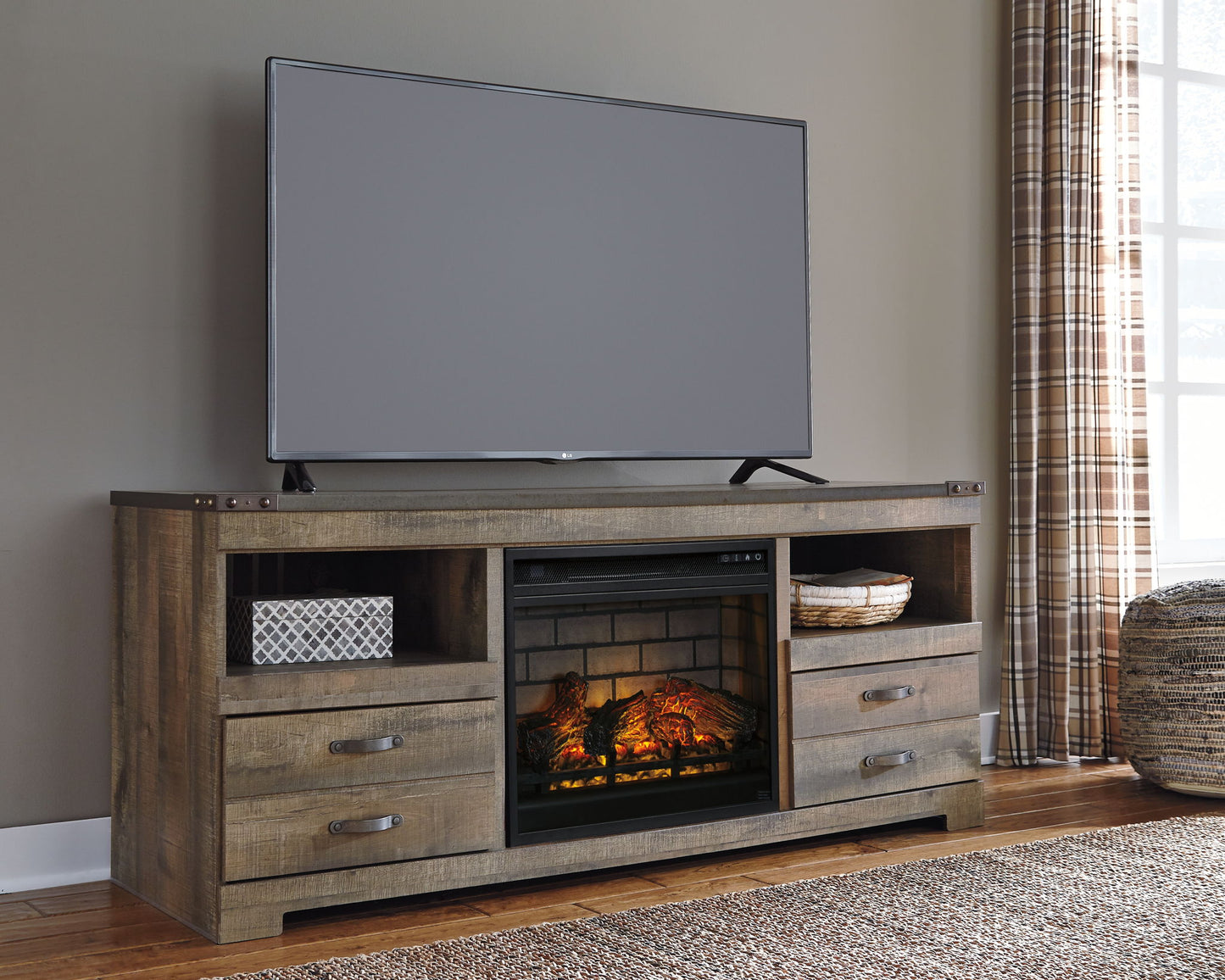 Trinell - 63" TV Stand With Glass/Stone Fireplace Insert - Brown